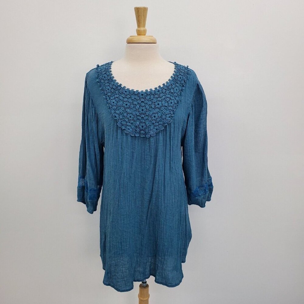 Indigo Soul Womens Bohemian Style Tunic Top 2XL Crochet Accent Teal Scoop‎ Neck